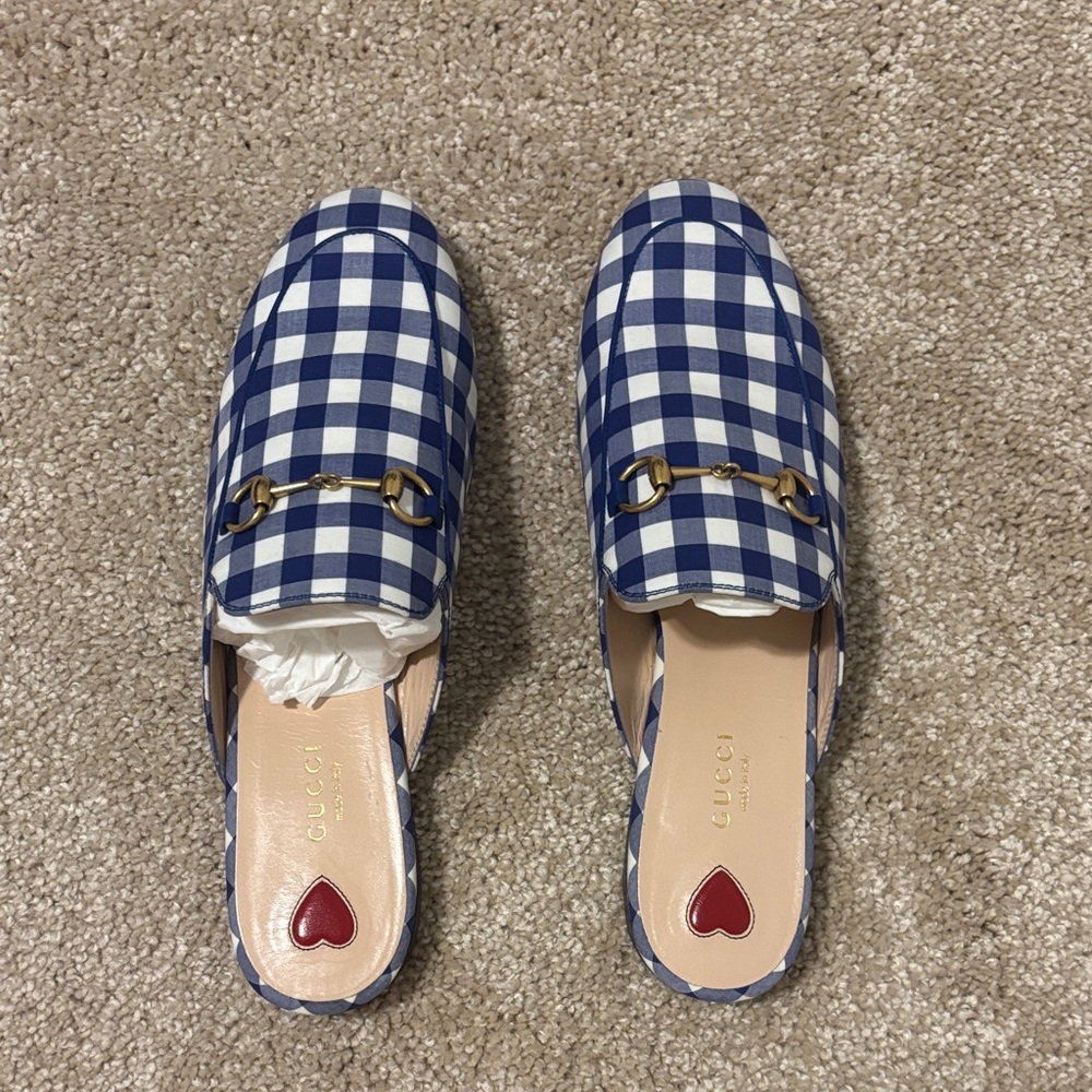 Gucci Navy and White Gingham Horsebit Mules